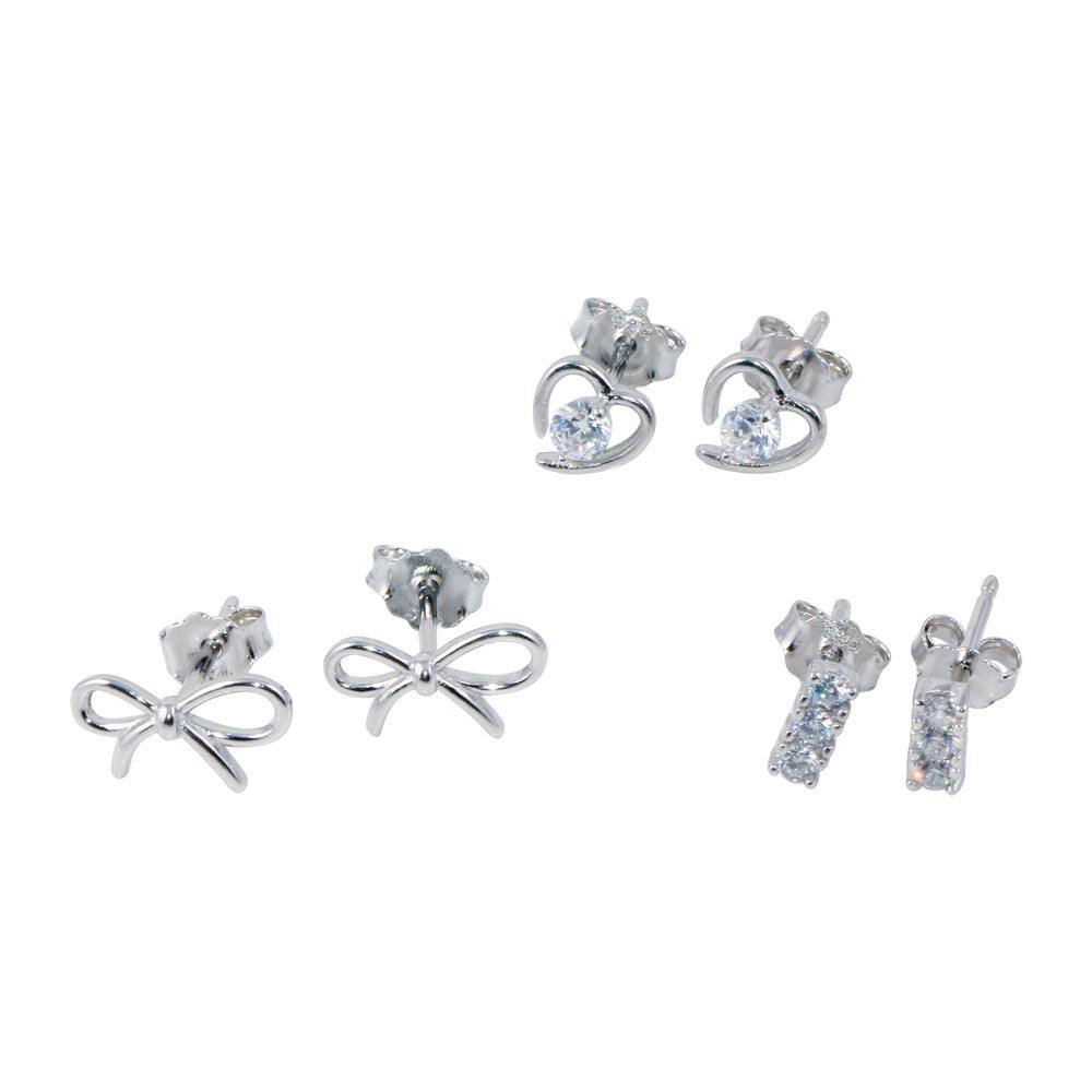 Rhodium Plated 925 Sterling Silver Heart Bow and Bar CZ Earring Set - STES00010