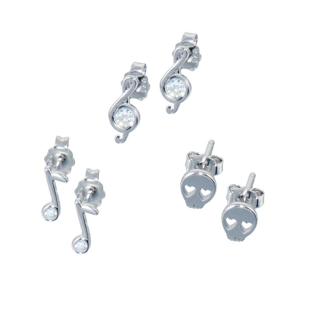 Rhodium Plated 925 Sterling Silver Musical Note Skull CZ Earring Set - STES00011
