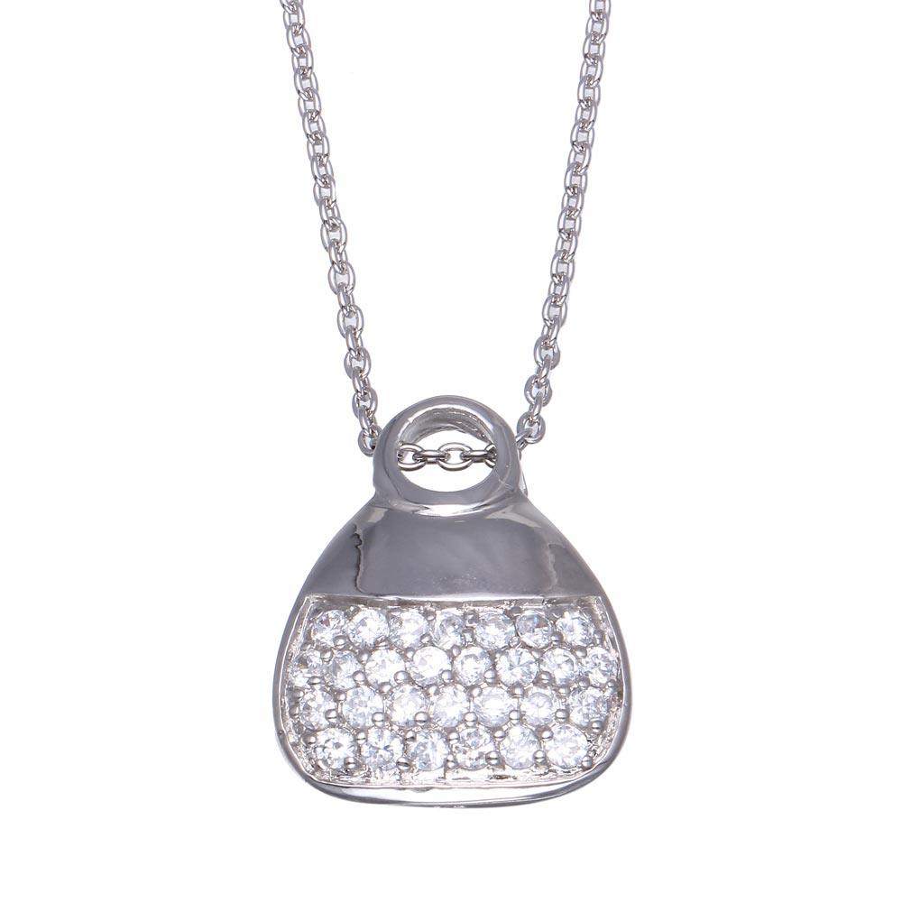 Rhodium Plated 925 Sterling Silver Clear CZ Purse Necklace - STP00120