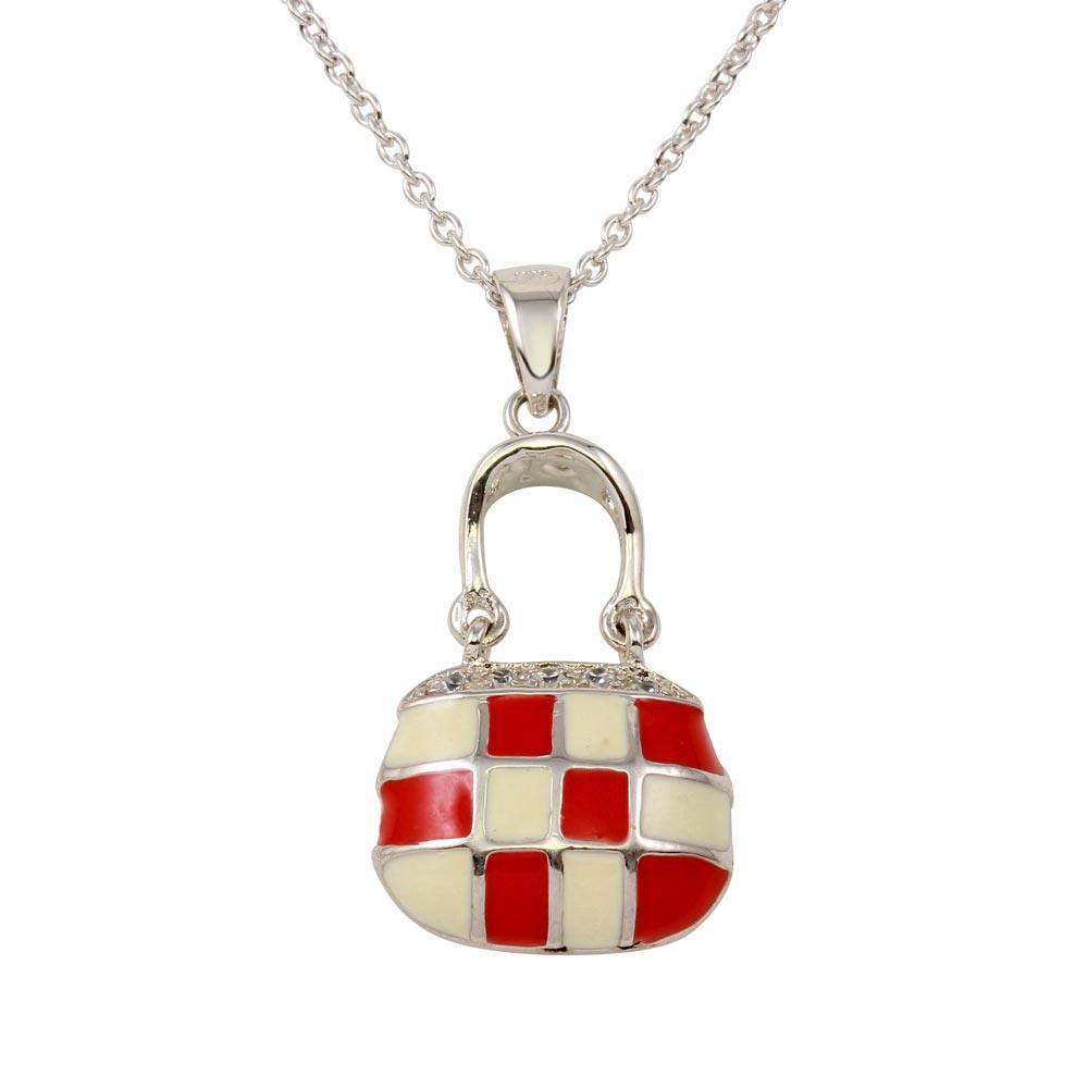 Rhodium Plated 925 Sterling Silver Pink and White Checkered Purse Pendant Necklace with CZ - STP00215