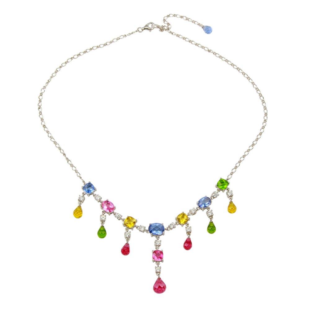 Rhodium Plated 925 Sterling Silver Multi-colored CZ Drop Necklace - STP00334