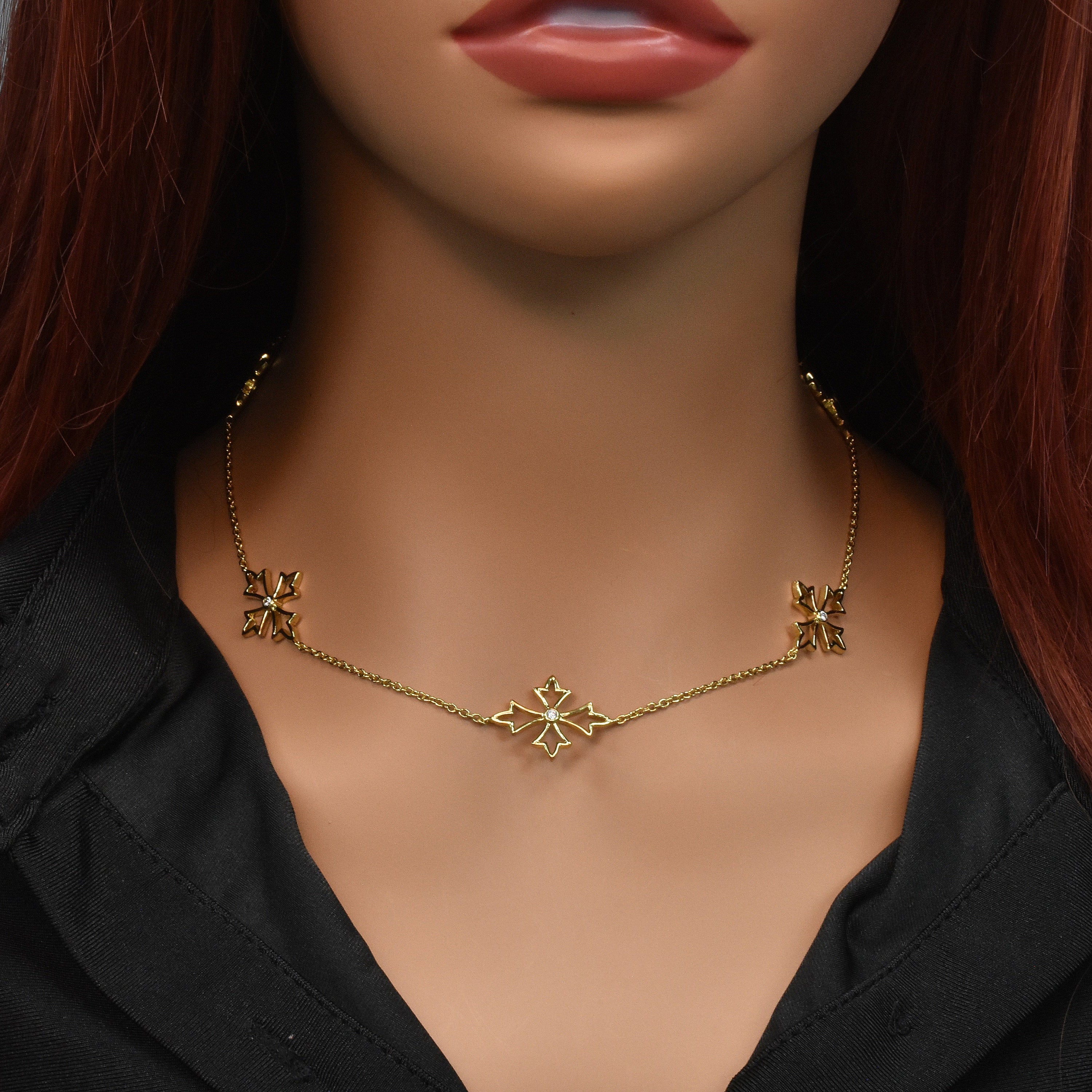 Silver 925 Gold Plated Pointy Cross CZ Necklace - STP00598GP