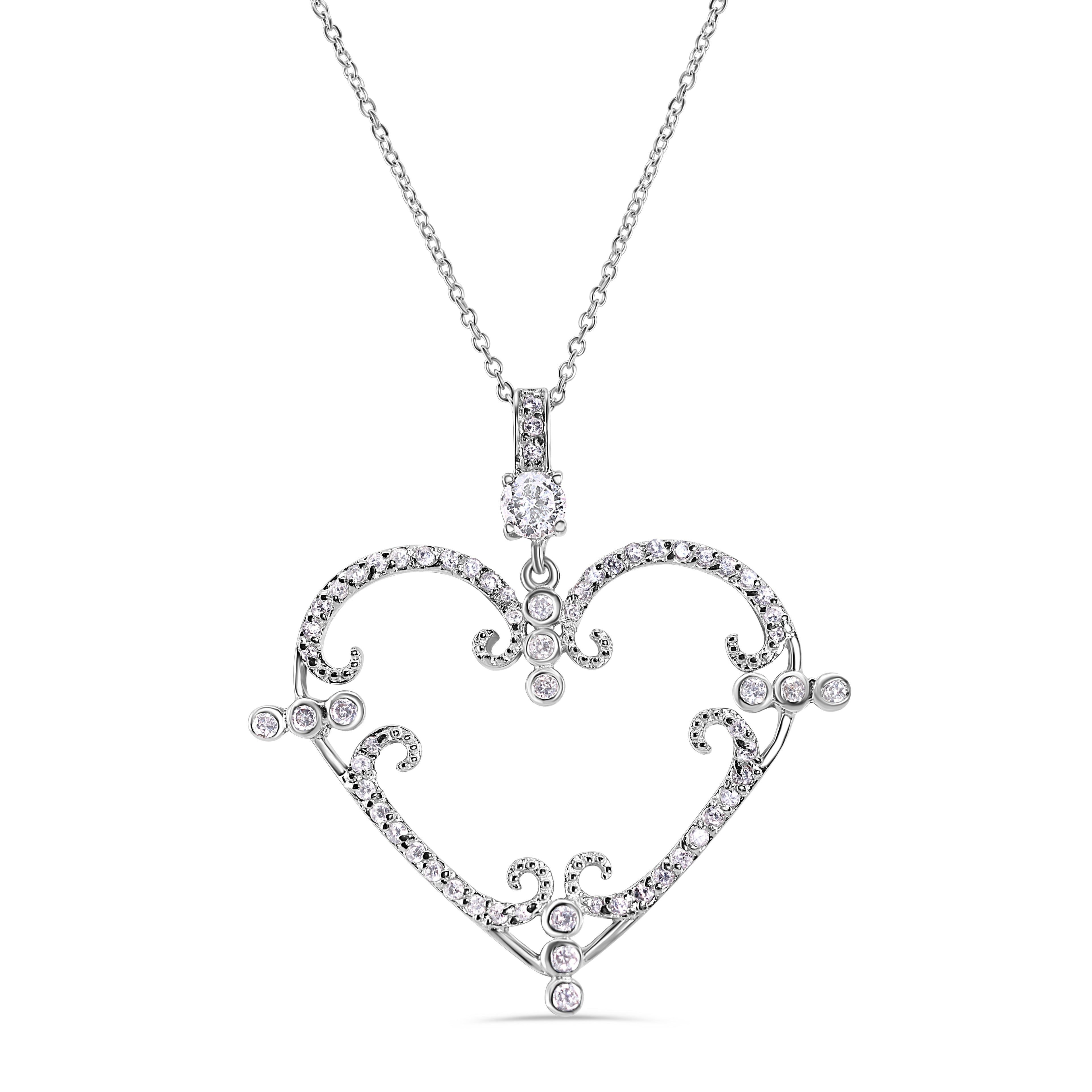 Rhodium Plated 925 Sterling Silver Open CZ Filigree Heart Necklace - STP00605