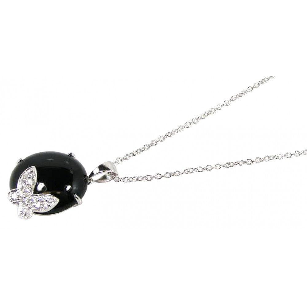 Silver 925 Rhodium Plated Round Onyx Clear CZ Butterfly Pendant Necklace - STP00628