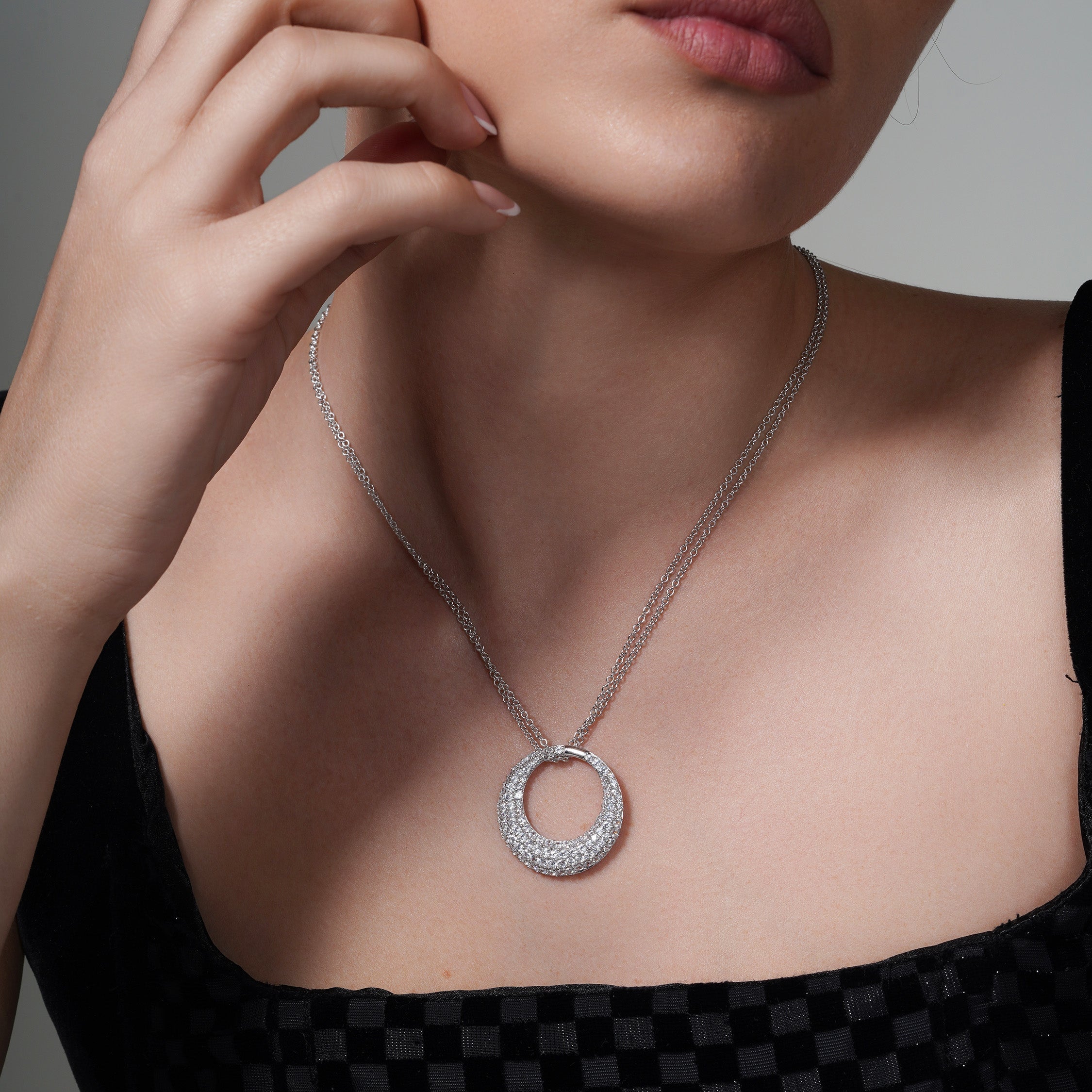 Silver 925 Rhodium Plated Clear CZ Circle Pendant Necklace - STP00631CLR