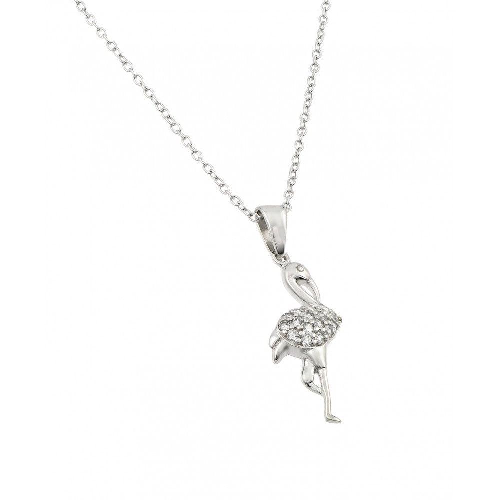 Silver 925 Rhodium Plated Clear CZ Flamingo Pendant Necklace - STP00662