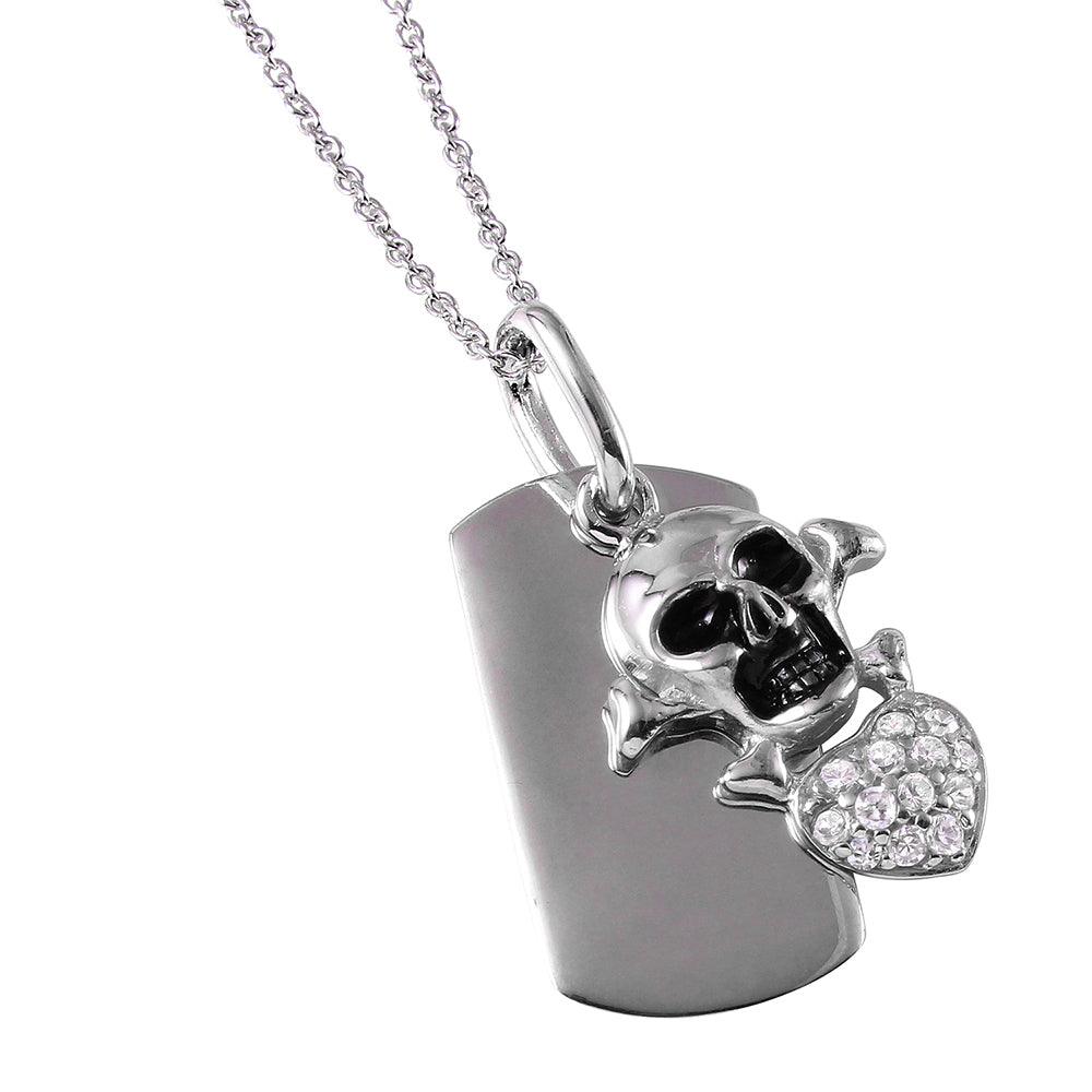 Silver 925 Rhodium Plated Skull Heart Tag Necklace - STP00745