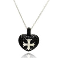 Rhodium Plated 925 Sterling Silver Black Heart with Silver Cross Necklace - STP00784