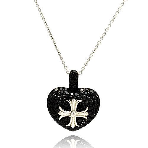 Rhodium Plated 925 Sterling Silver Black Heart with Silver Cross Necklace - STP00784
