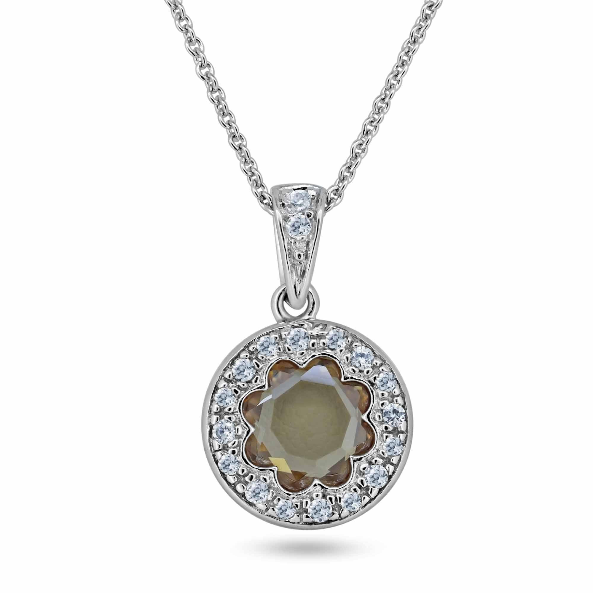 Rhodium Plated 925 Sterling Silver Flower Champagne CZ Necklace - STP00797CHM