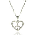 Silver 925 Rhodium Plated Heart Peace Sign CZ Pendant Necklace - STP00896