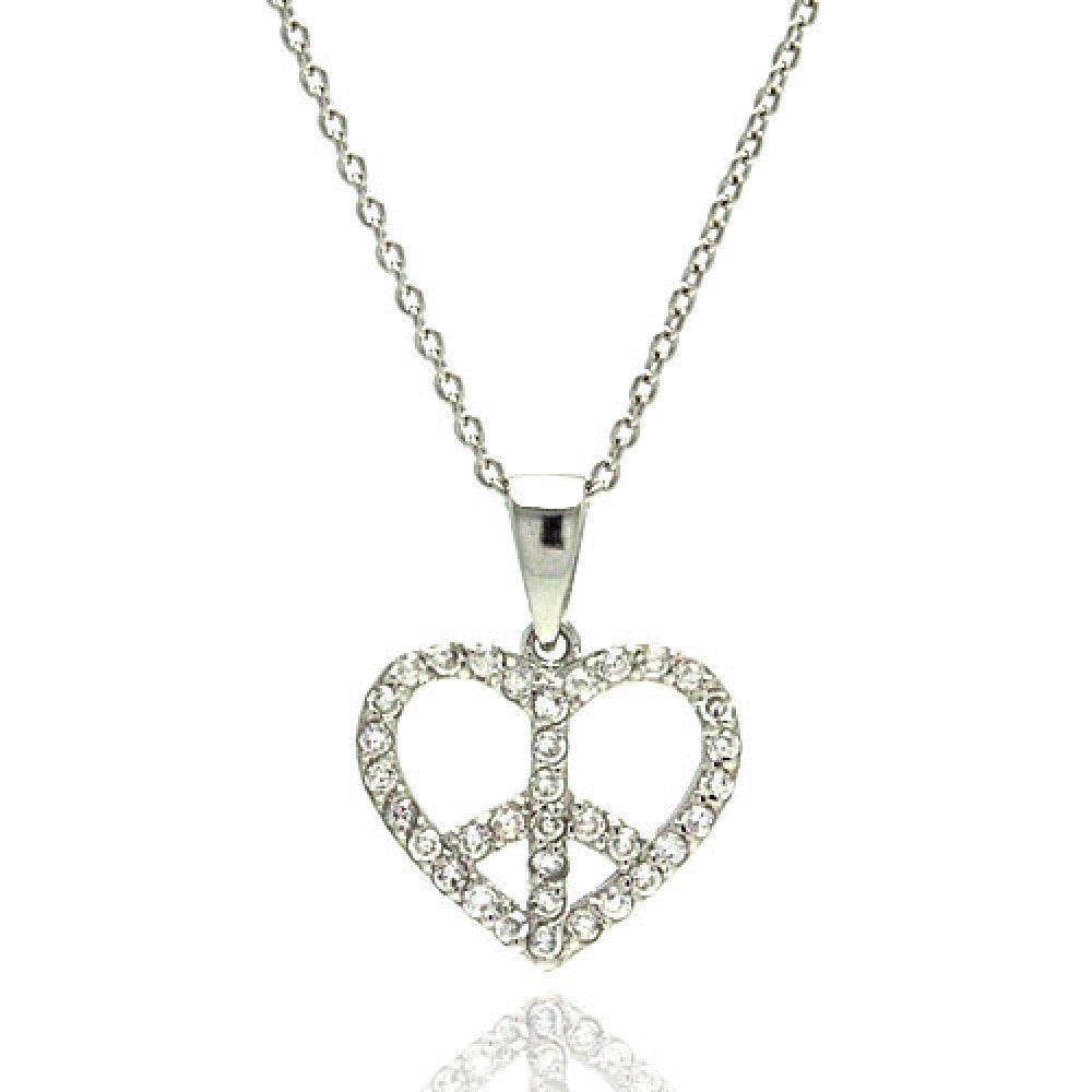 Silver 925 Rhodium Plated Heart Peace Sign CZ Pendant Necklace - STP00896
