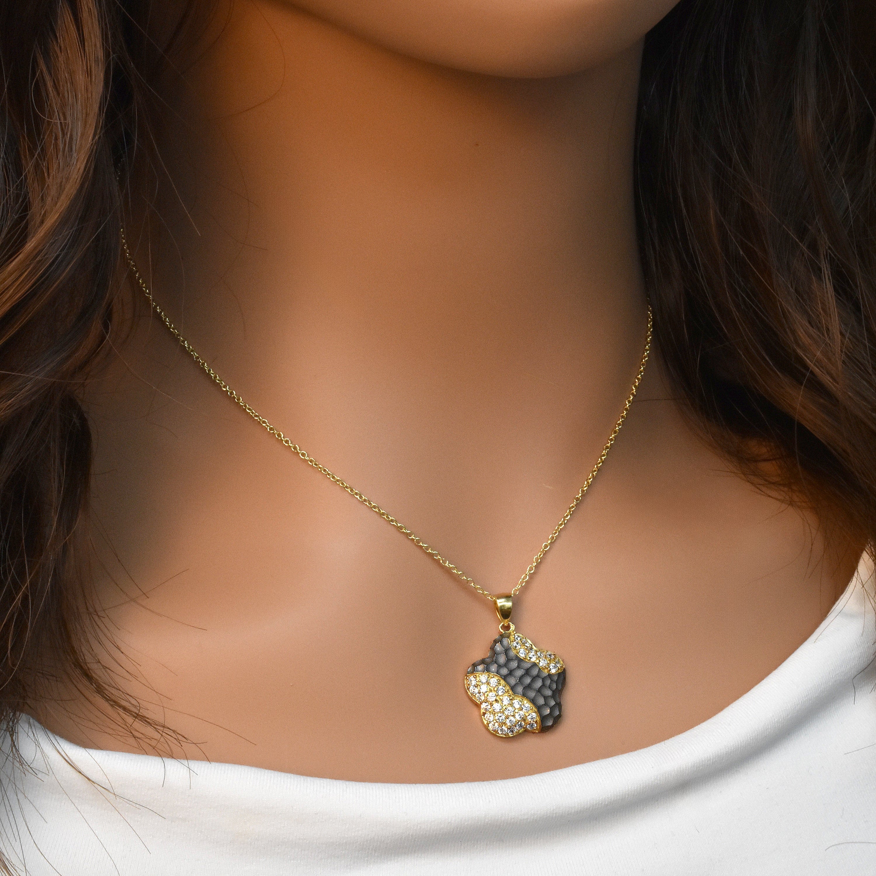 Silver 925 Gold Plated and Matte Black Rhodium Finish Clear CZ Flower Pendant Necklace - STP00985