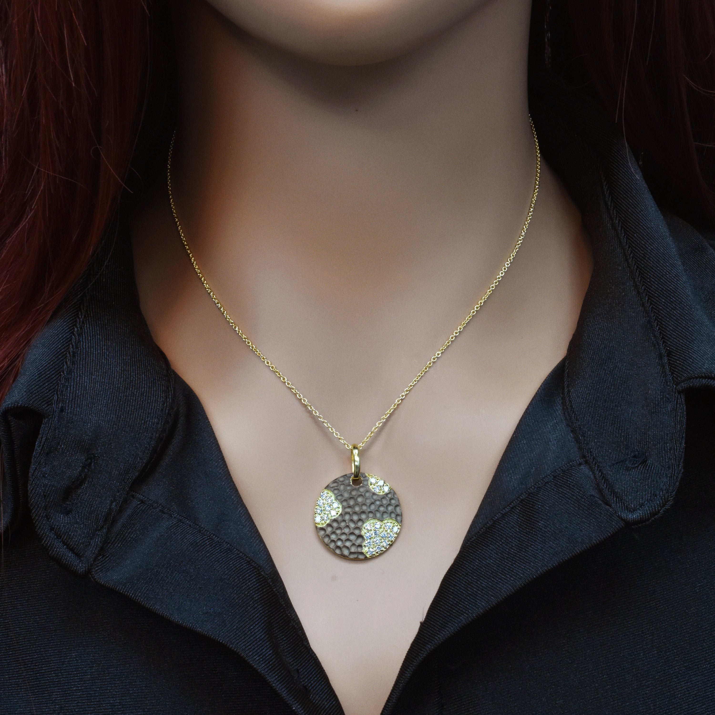 Silver 925 Gold Plated and Matte Black Rhodium Finish Clear CZ Round Pendant Necklace - STP00988