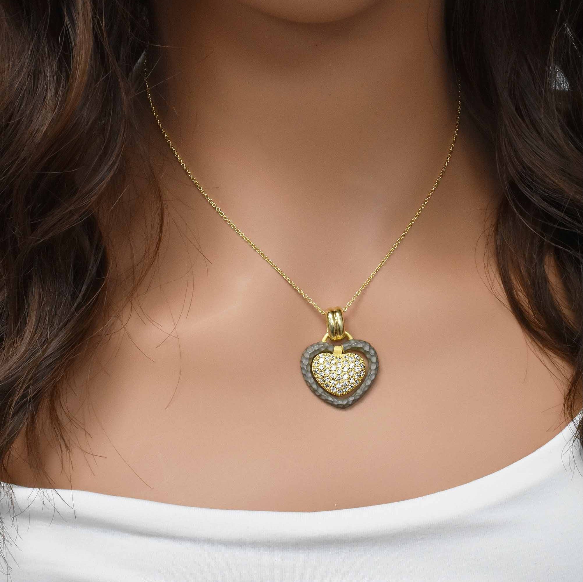 Silver 925 Gold Plated and Matte Black Rhodium Finish Clear CZ Heart Pendant Necklace - STP00989