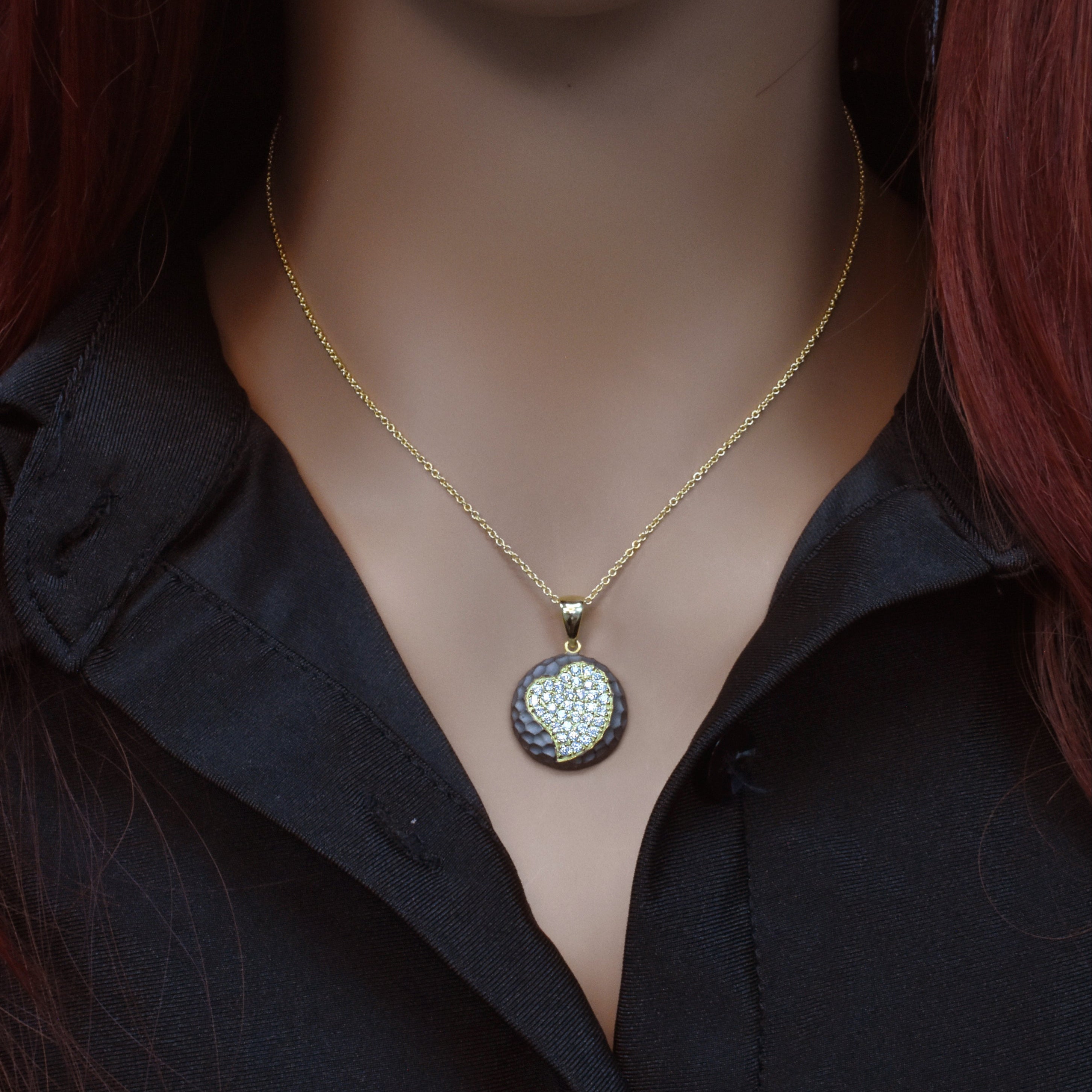 Silver 925 Gold Plated and Matte Black Rhodium Finish Heart Clear CZ Hammered Round Onyx Pendant Necklace - STP00990