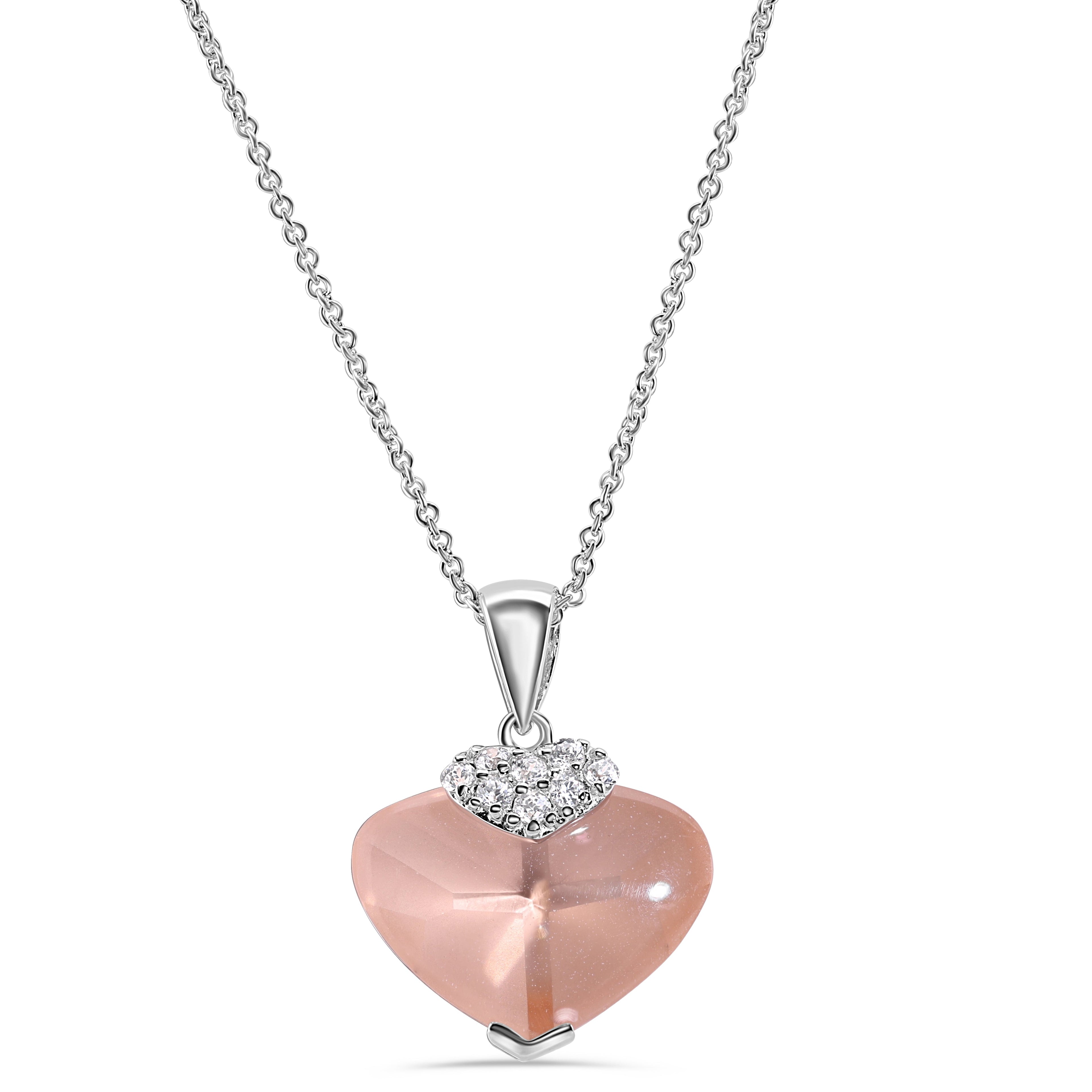 Rhodium Plated 925 Silver Champagne CZ Heart with Cross Pendant Necklace - STP01064CH