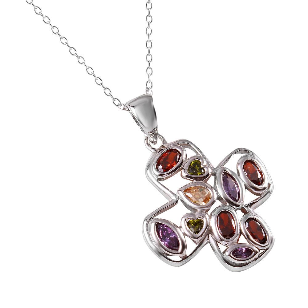 Silver 925 Multi Color CZ Cross Necklace - STP01346