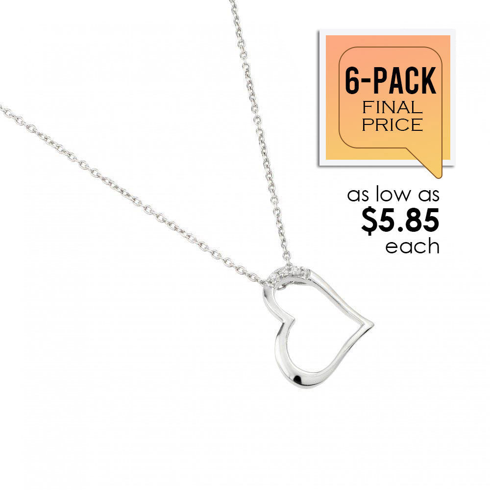 Rhodium Plated 925 Sterling Silver Sideways Heart Pendant Necklace (6/Pk) - STP01456-PX