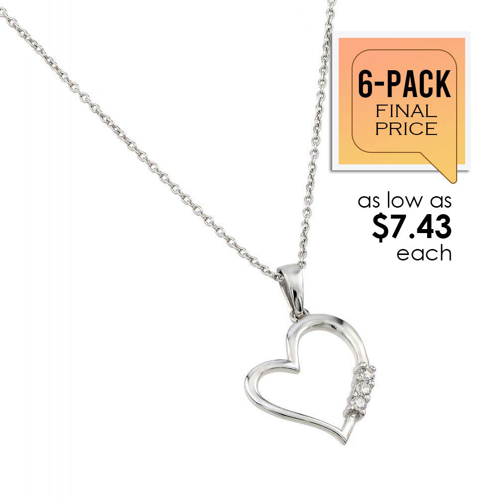 Rhodium Plated 925 Sterling Silver Heart CZ Pendant (6/Pk) - STP01464-PX