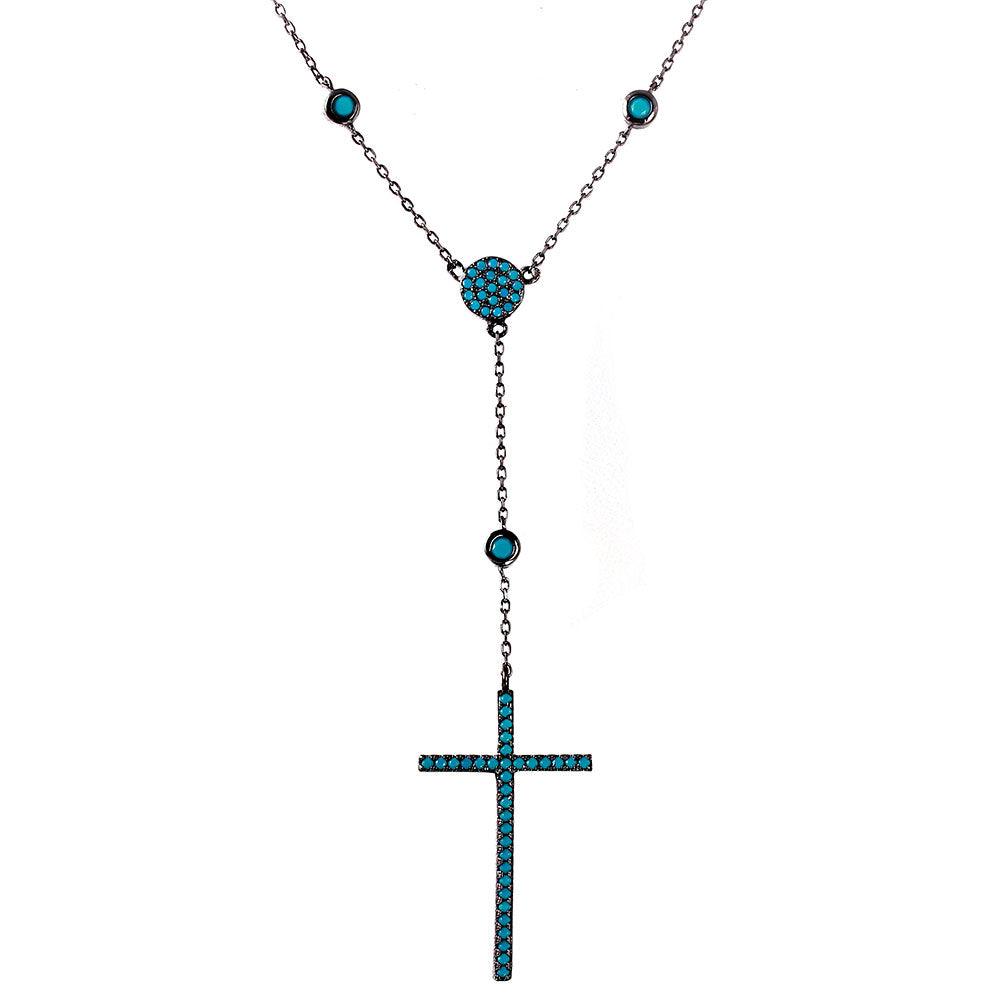 Silver 925 Black Rhodium Plated Cross Necklace with Synthetic Turquoise Stones - STP01513BLK