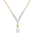 Silver 925 Gold Plated V Shape CZ Necklace with Hanging Fresh Water Pearl - STP01525GP