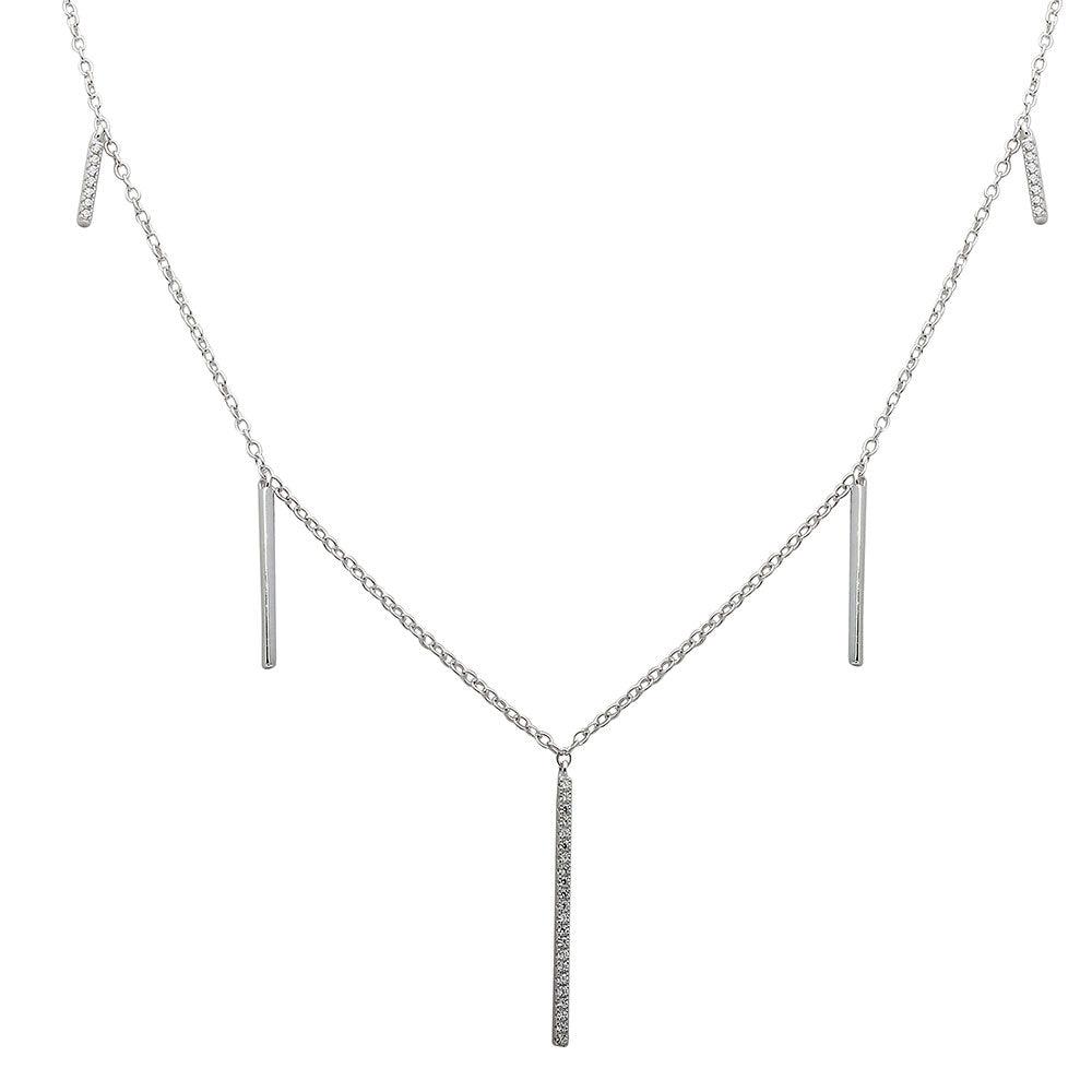 Rhodium Plated 925 Sterling Silver CZ Hanging Bars Necklace - STP01534