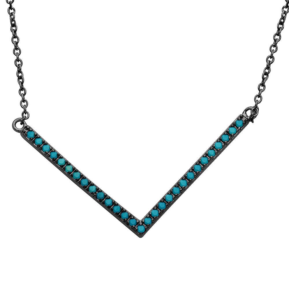 Black Rhodium 925 Sterling Silver Wide V Shape Turquoise Encrusted Necklace - STP01546BP