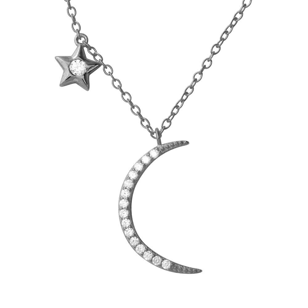 Rhodium Plated 925 Sterling Silver CZ Star and Crecsent Moon Necklace - STP01558RH