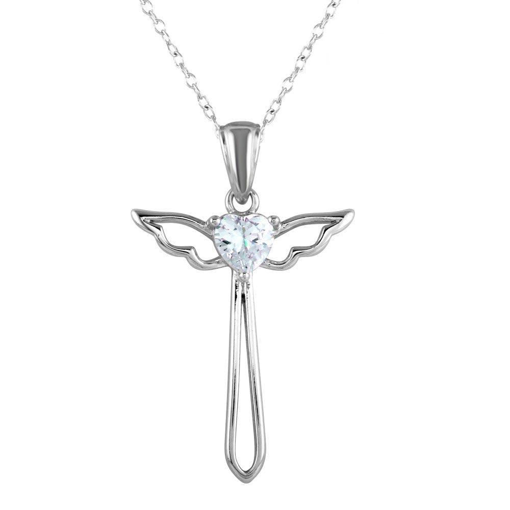 Rhodium Plated 925 Sterling Silver Heart and Wings Cross Necklace with CZ - STP01618