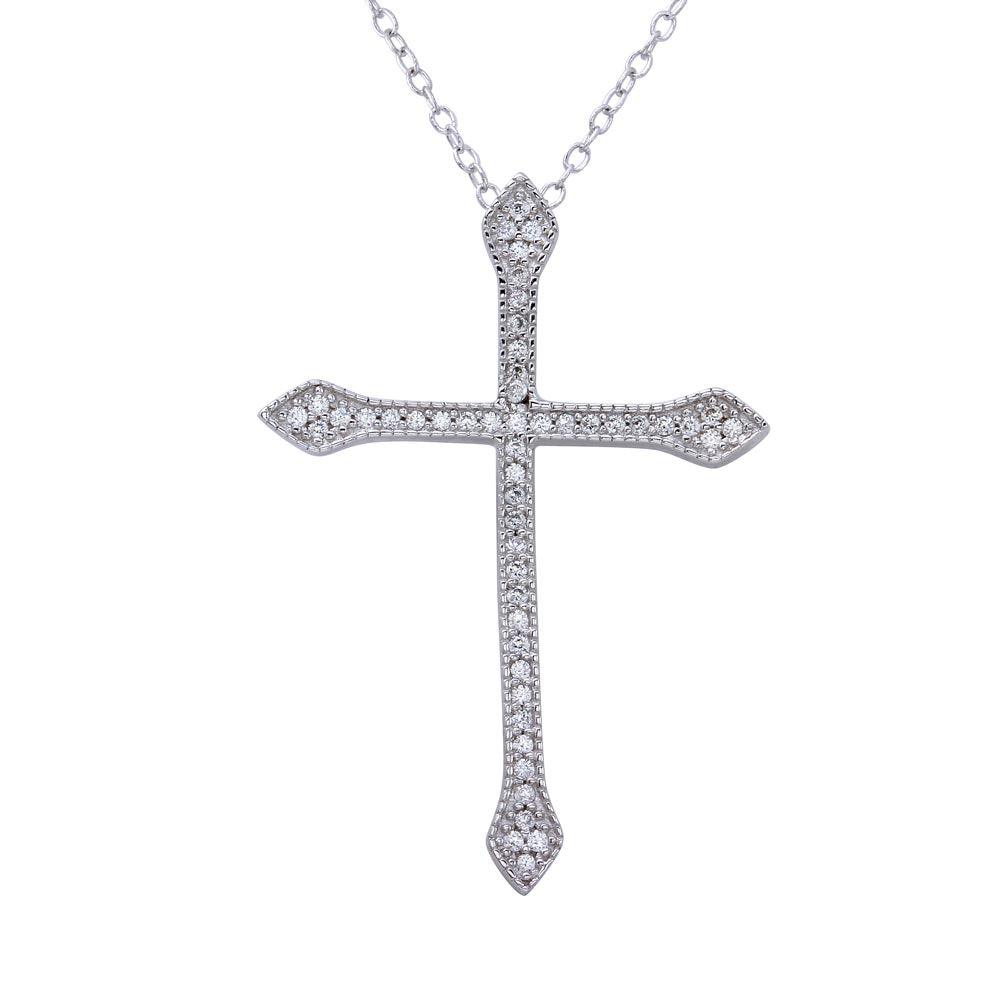Rhodium Plated 925 Sterling Silver Cross Pendant with CZ - STP01646