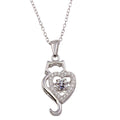 Rhodium Plated 925 Sterling Silver Dancing CZ Heart Cat Necklace - STP01695