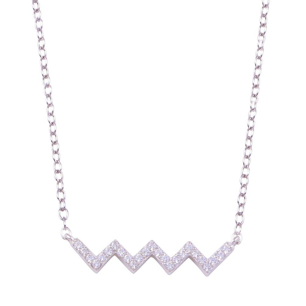 Rhodium Plated 925 Sterling Silver Round ZigZag CZ Necklace - STP01719