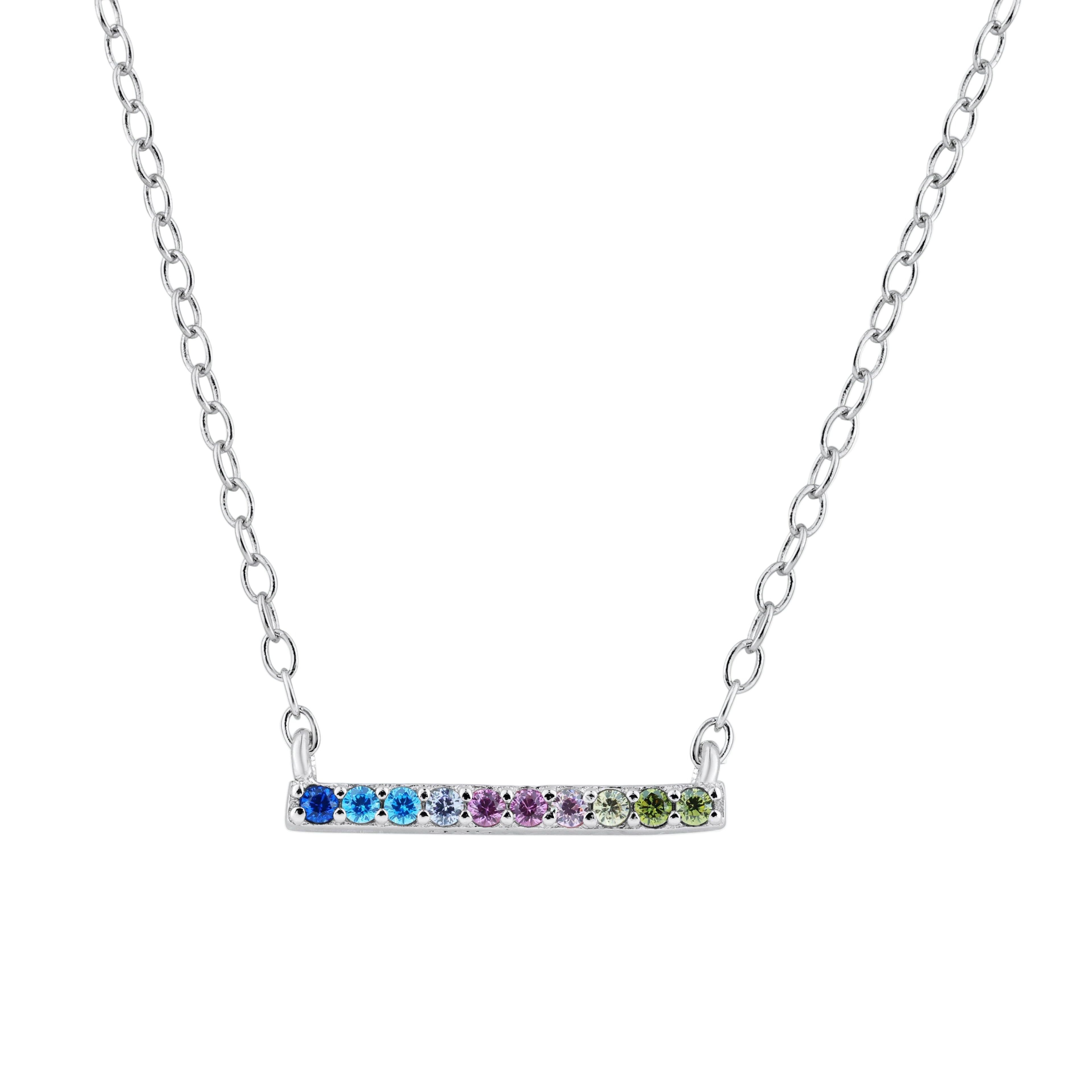 Rhodium Plated 925 Sterling Silver Rainbow Multi Color CZ Bar Necklace- STP01732