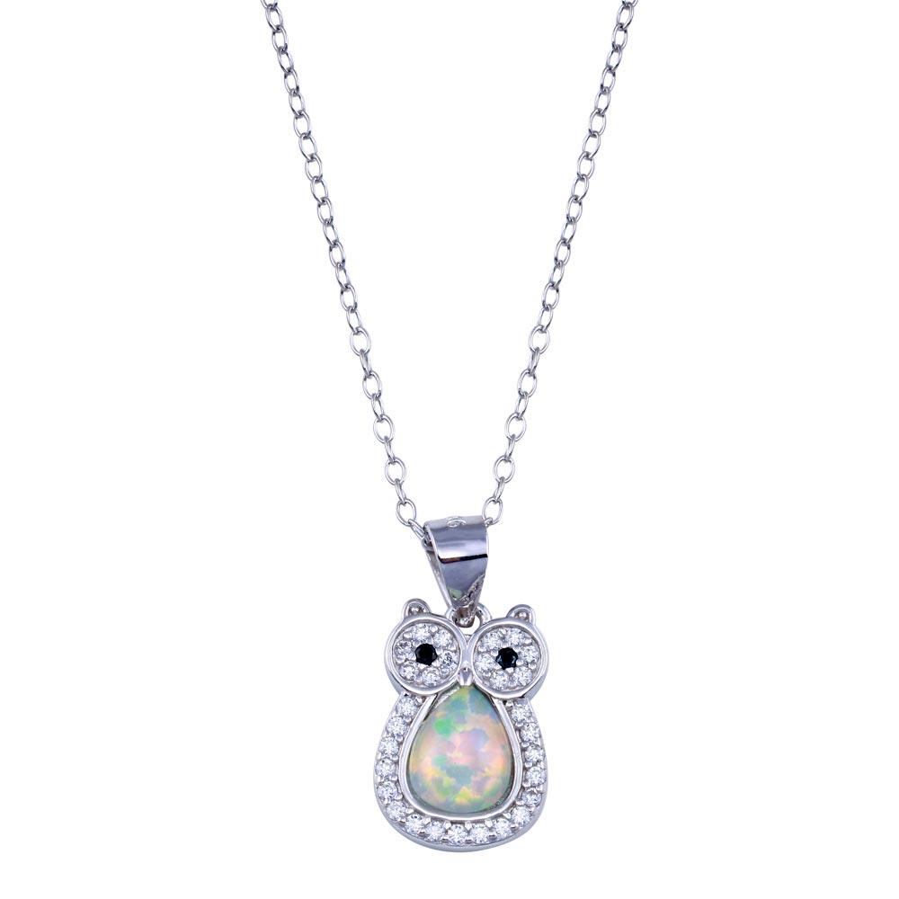Rhodium Plated 925 Sterling Silver Owl Synthetic Opal Necklace with CZ - STP01748