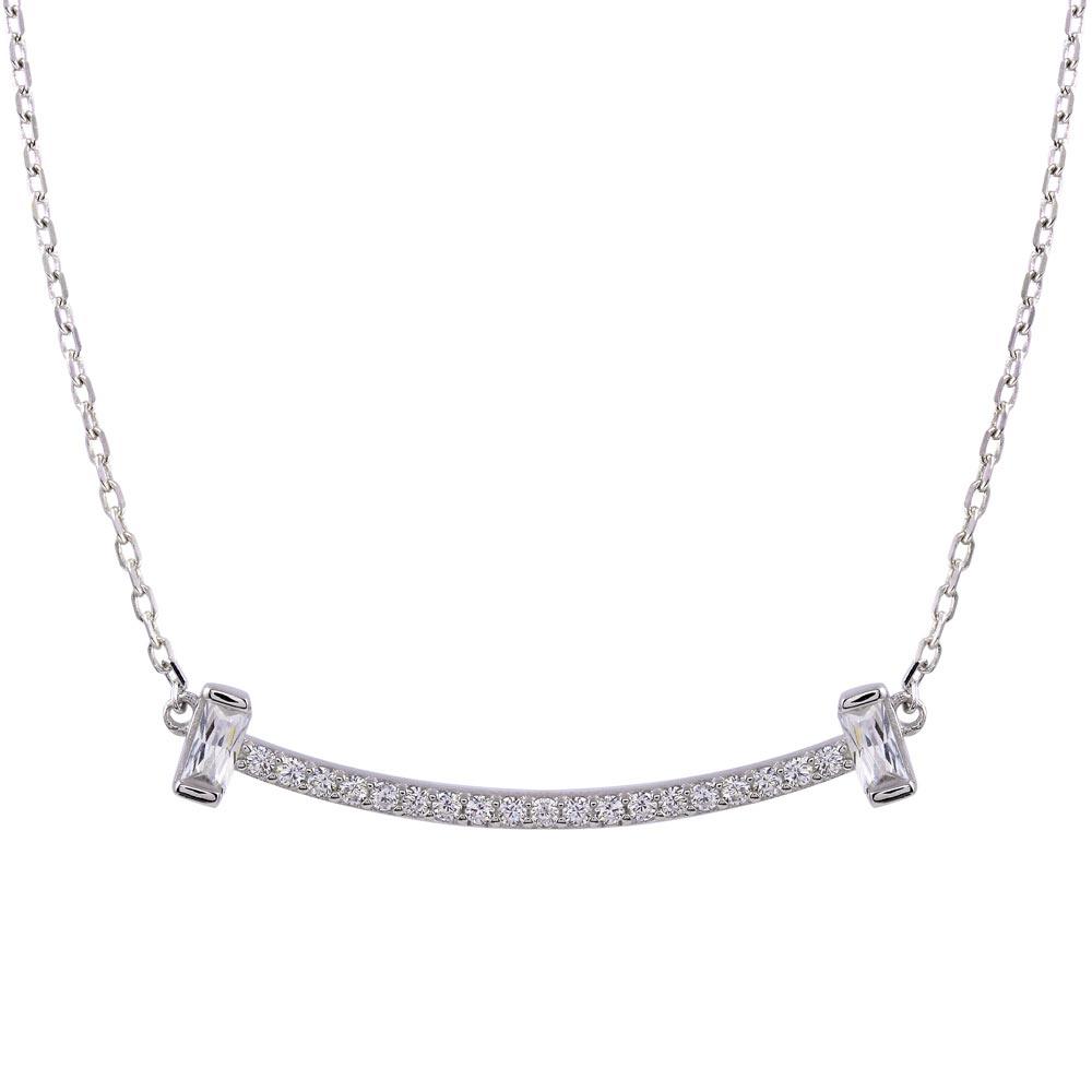 Rhodium Plated 925 Sterling Silver CZ Bar Necklace - STP01761