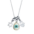 Rhodium Plated 925 Sterling Silver Hamsa Hand and Evil Eye MOP Necklace - STP01763