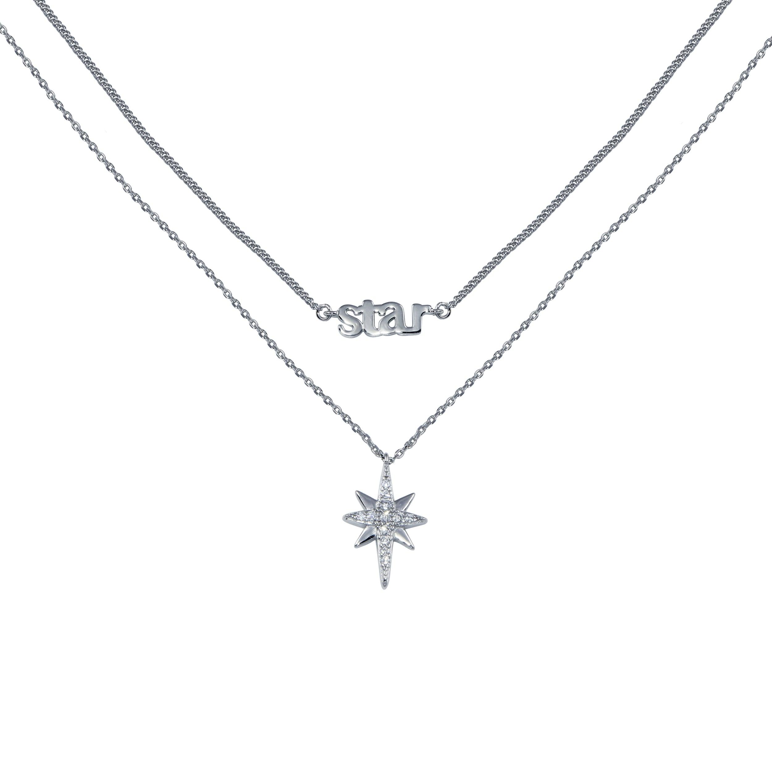 Rhodium Plated 925 Sterling Silver North Star CZ Dual Strand Necklace - STP01766