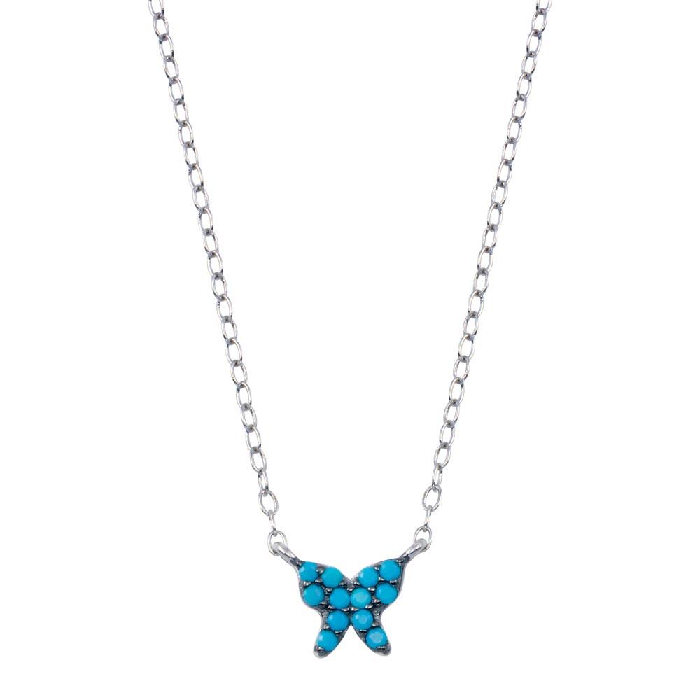 Rhodium Plated 925 Sterling Silver Turquoise Butterfly Necklace - STP01796