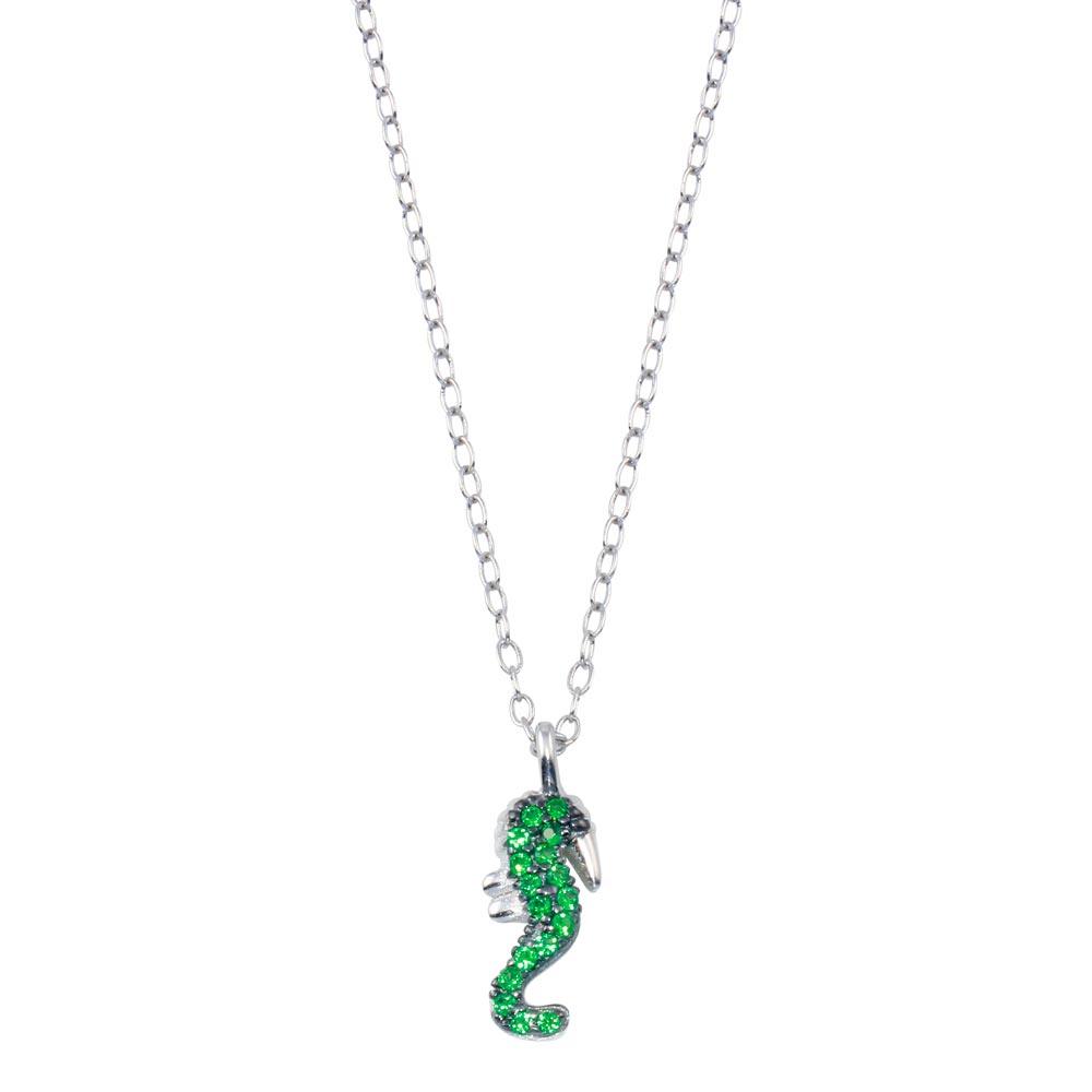 Rhodium Plated 925 Sterling Silver Green Seahorse Necklace - STP01797