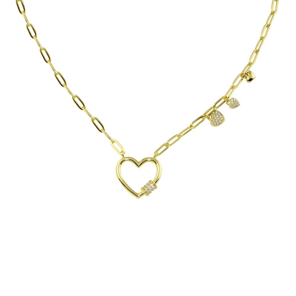 Gold Plated 925 Sterling Silver Heart CZ Paperclip Necklace - STP01802GP