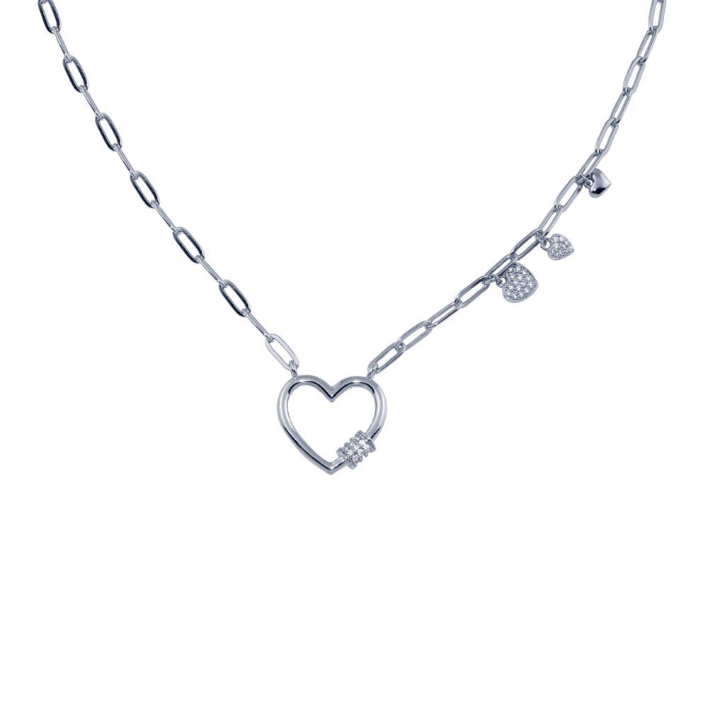 Rhodium Plated 925 Sterling Silver Heart CZ Paperclip Necklace - STP01802RH