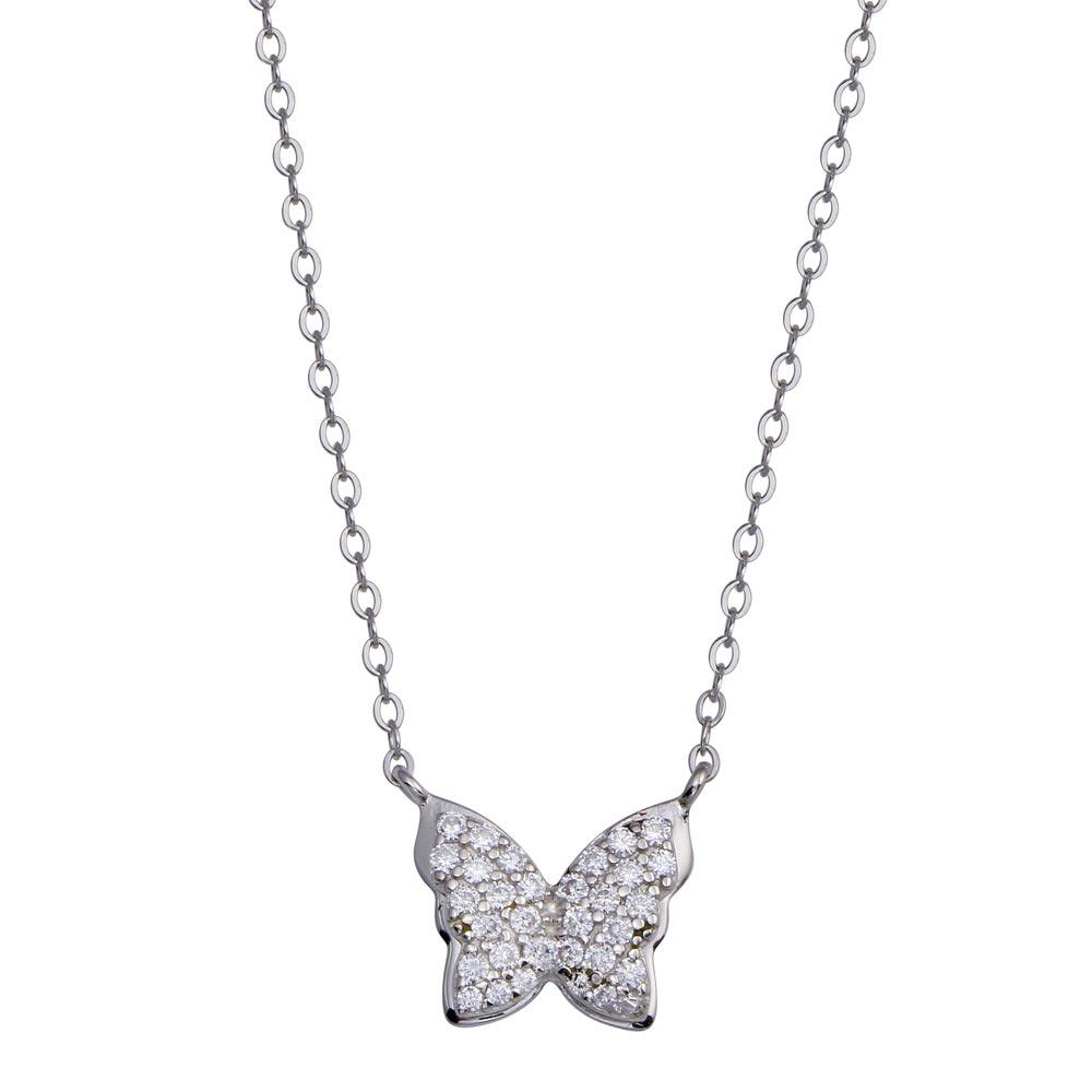 Rhodium Plated 925 Sterling Silver Butterfly CZ Necklace - STP01808