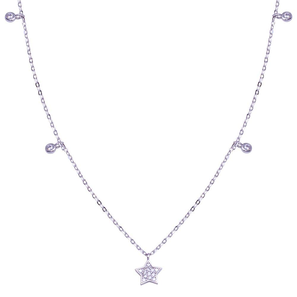 Rhodium Plated 925 Sterling Silver Star and Round CZ Necklace - STP01811