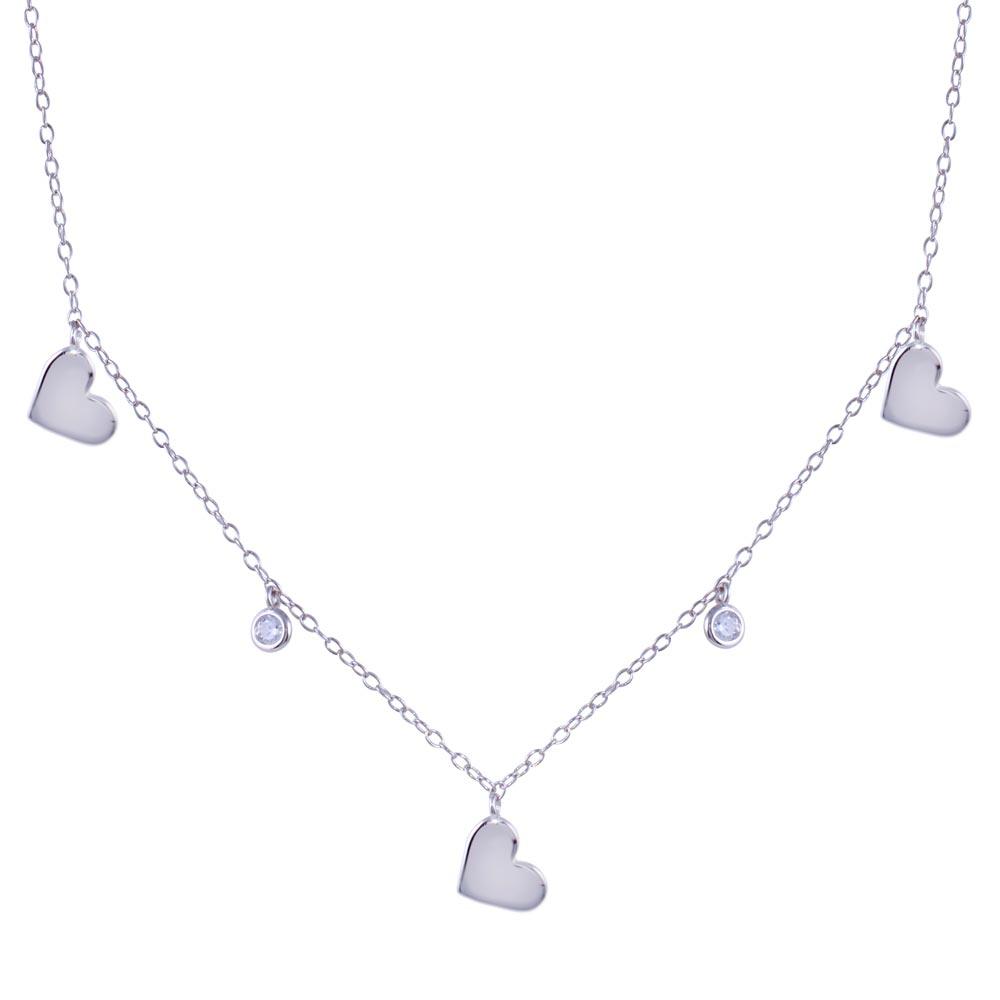 Rhodium Plated 925 Sterling Silver Dangling Heart Clear CZ Necklace - STP01814