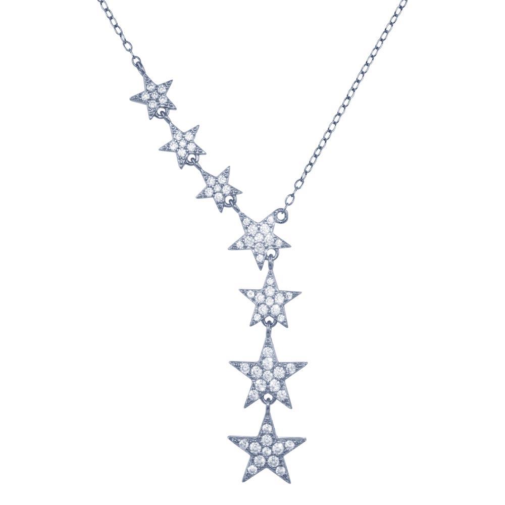Rhodium Plated 925 Sterling Silver Stars Clear CZ Necklace - STP01818RH