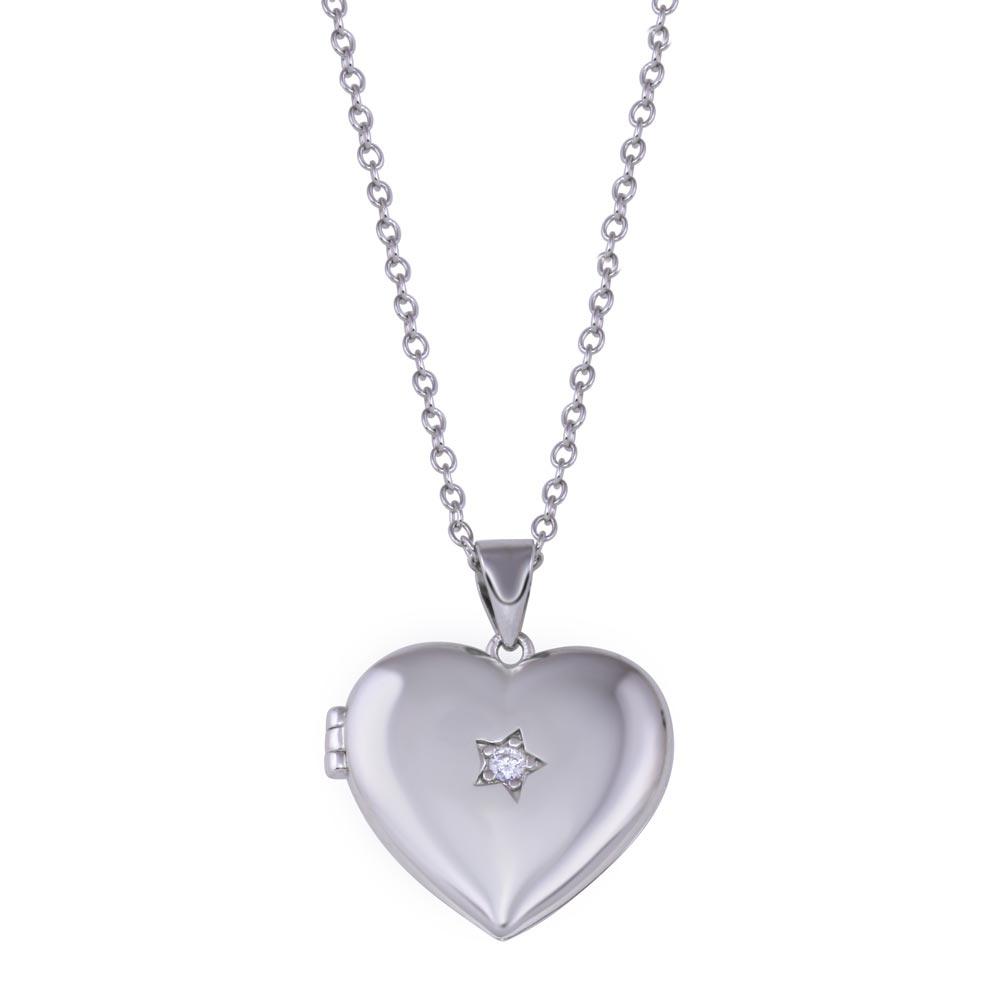 Rhodium Plated 925 Sterling Silver Heart Locket Star Clear CZ Necklace - STP01821
