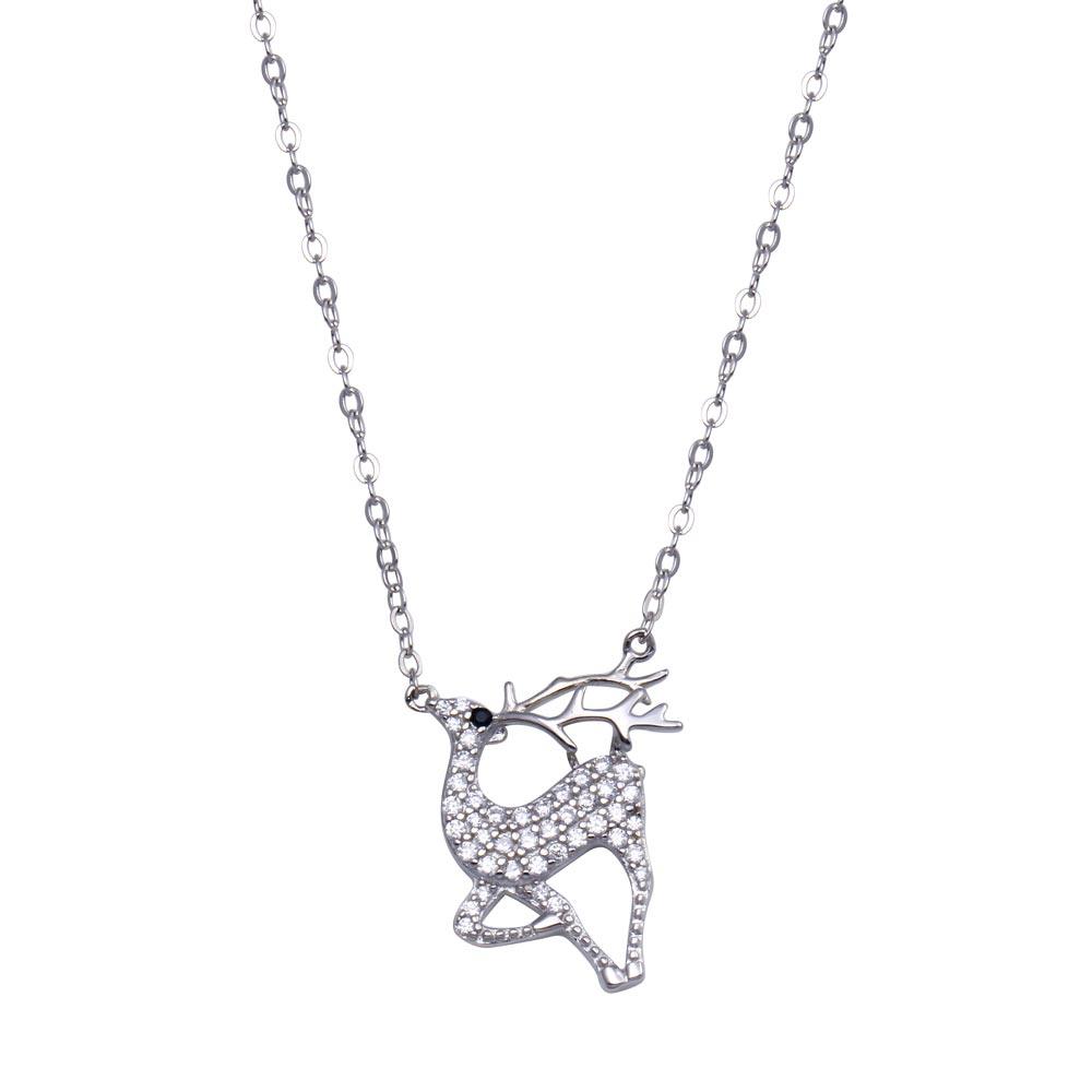 Rhodium Plated 925 Sterling Silver CZ Deer Necklace - STP01824