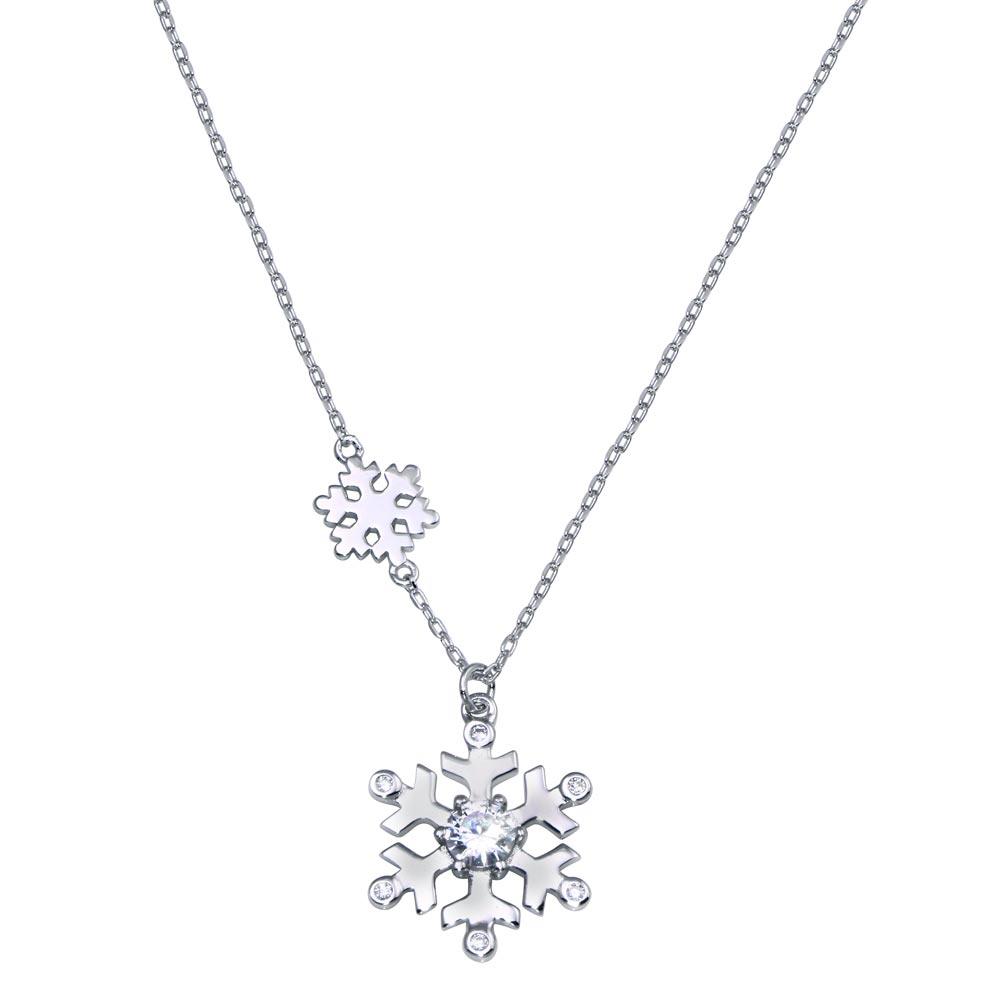 Rhodium Plated 925 Sterling Silver Snow Flakes CZ Necklace - STP01825