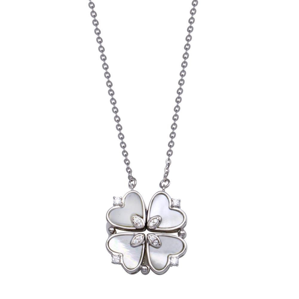 Rhodium Plated 925 Sterling Silver CZ MOP Magnetic Flower Heart Necklace - STP01826